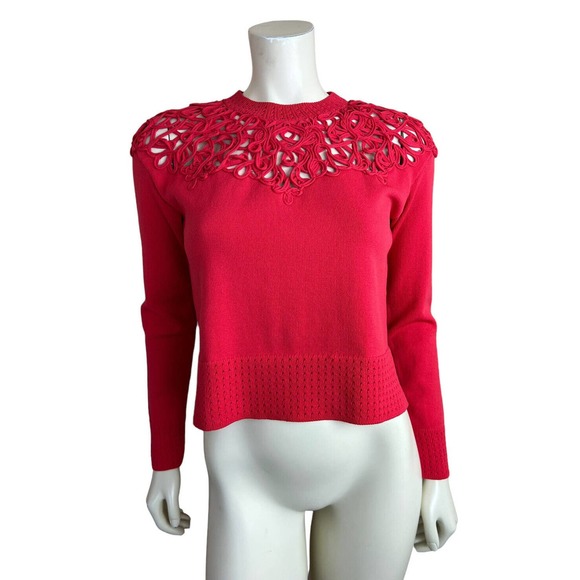 Jonathan Simkhai Crotcher Knit Sweater S Macrame Crewneck Long Sleeve Yoke Red - Picture 1 of 12